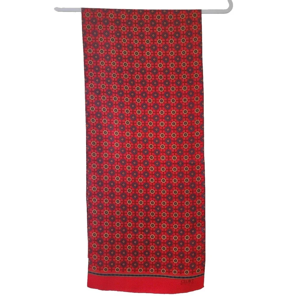 Club 7 Echo Silk Scarf Rectangular Logo Red Gray 11.5